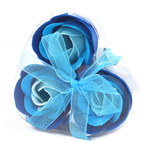 Fleurs de Savon Roses Bleues Mariage - Boîte Cœur de 3