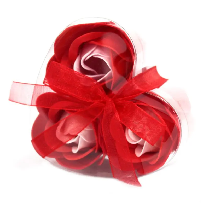 Coffret de 3 fleurs de savon en forme de coeur - Roses rouges